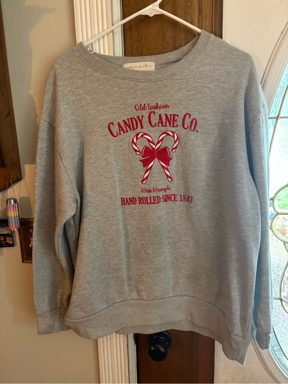 State of Mind Gray Crewneck Sweatshirt with Red Candy Cane Graphic